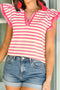 Striped Border Trim Ruffled Short Sleeve Polo Blouse