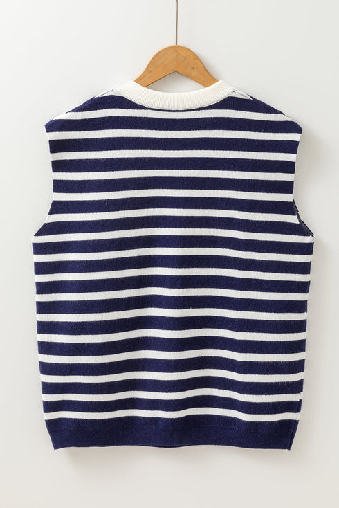 Striped Bow Applique Sleeveless Knit Sweater