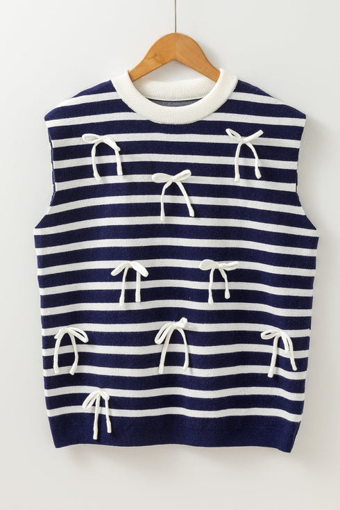 Striped Bow Applique Sleeveless Knit Sweater