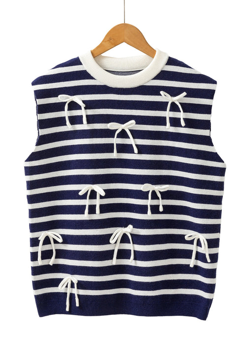 Striped Bow Applique Sleeveless Knit Sweater