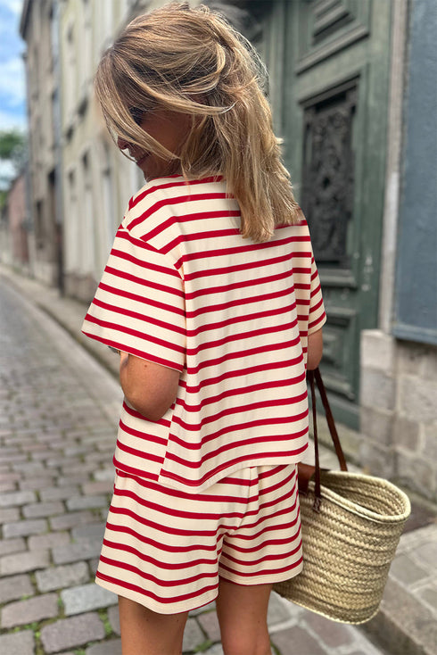 Striped Bow Front Lace Up High Waist Short Set