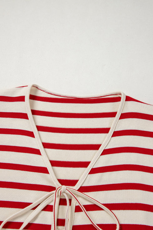 Striped Bow Front Lace Up High Waist Short Set