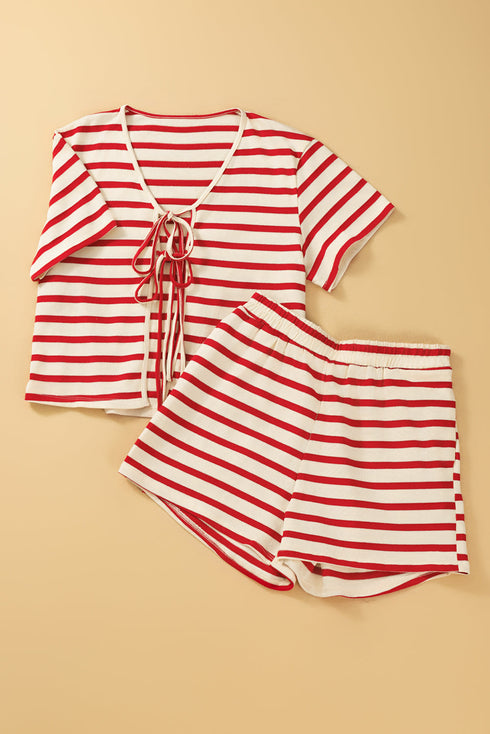 Striped Bow Front Lace Up High Waist Short Set