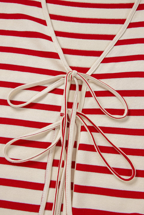 Striped Bow Front Lace Up High Waist Short Set