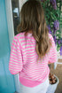Striped Bow Front Textured Puff Sleeve Knit Cardigan