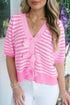 Striped Bow Front Textured Puff Sleeve Knit Cardigan