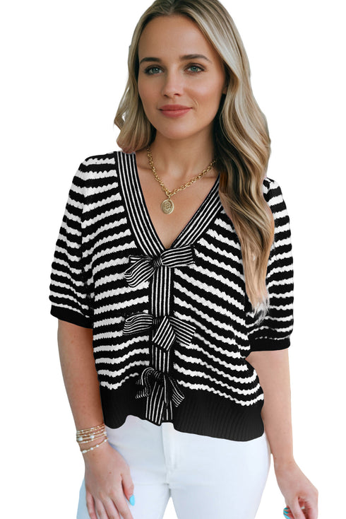 Striped Bow Front Textured Puff Sleeve Knit Cardigan