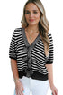 Striped Bow Front Textured Puff Sleeve Knit Cardigan