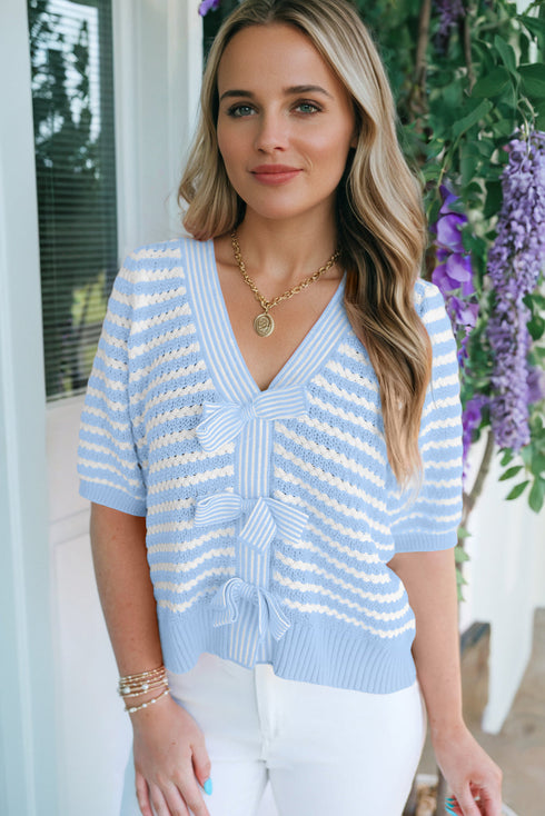 Striped Bow Front Textured Puff Sleeve Knit Cardigan