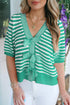 Striped Bow Front Textured Puff Sleeve Knit Cardigan
