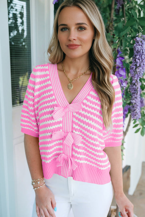 Striped Bow Front Textured Puff Sleeve Knit Cardigan