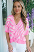 Striped Bow Front Textured Puff Sleeve Knit Cardigan