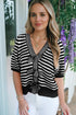Striped Bow Front Textured Puff Sleeve Knit Cardigan