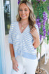 Striped Bow Front Textured Puff Sleeve Knit Cardigan
