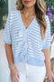 Striped Bow Front Textured Puff Sleeve Knit Cardigan