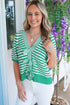 Striped Bow Front Textured Puff Sleeve Knit Cardigan