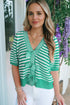 Striped Bow Front Textured Puff Sleeve Knit Cardigan