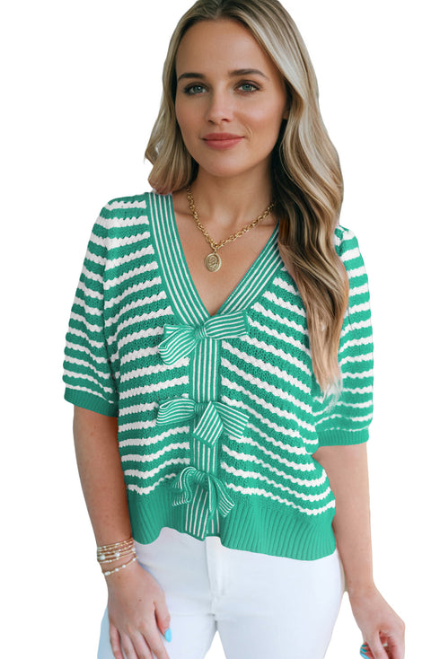 Striped Bow Front Textured Puff Sleeve Knit Cardigan