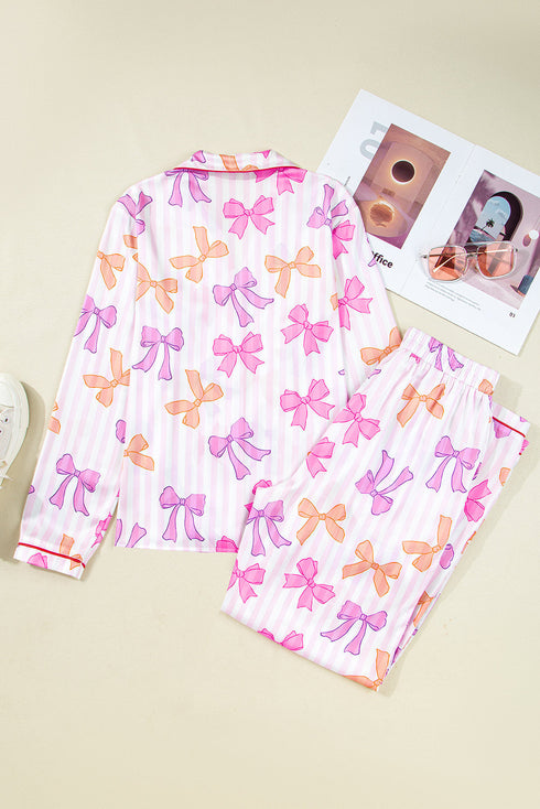 Striped Bow Print Contrast Piping Trim Pajama Set