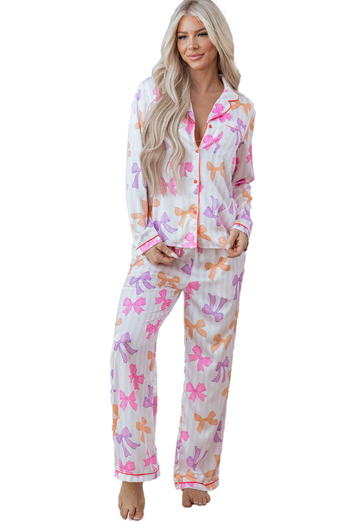 Striped Bow Print Contrast Piping Trim Pajama Set