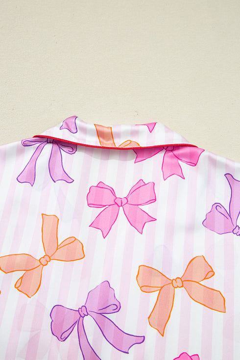 Striped Bow Print Contrast Piping Trim Pajama Set