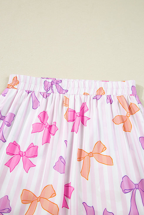 Striped Bow Print Contrast Piping Trim Pajama Set