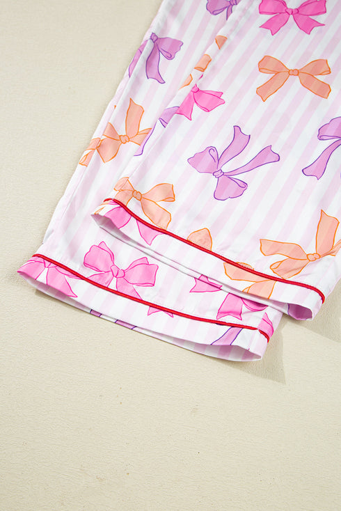 Striped Bow Print Contrast Piping Trim Pajama Set
