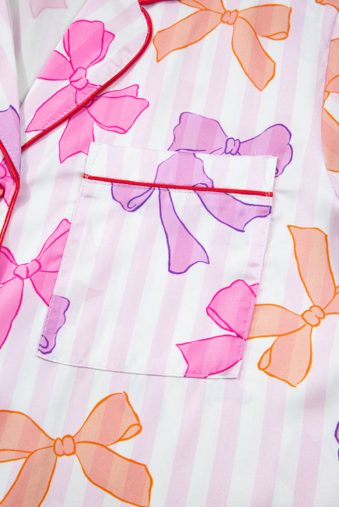 Striped Bow Print Contrast Piping Trim Pajama Set