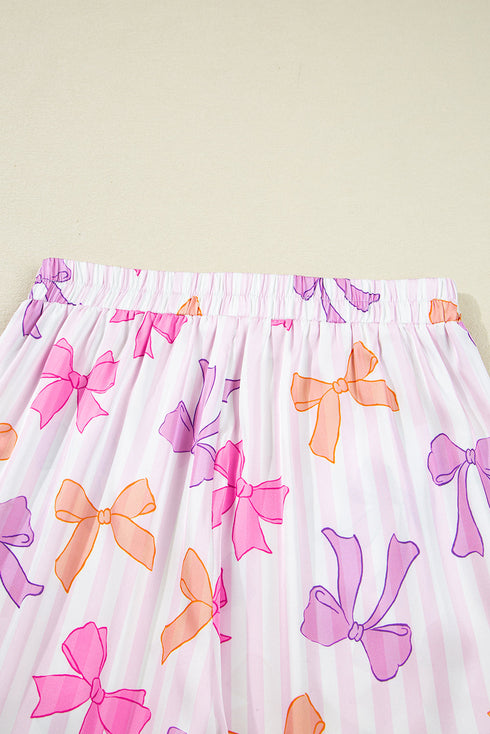 Striped Bow Print Contrast Piping Trim Pajama Set