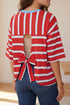 Striped Bow Tie Cutout Back Seven Eighth Sleeve Casual Top