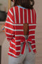 Striped Bow Tie Cutout Back Seven Eighth Sleeve Casual Top