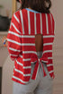 Striped Bow Tie Cutout Back Seven Eighth Sleeve Casual Top