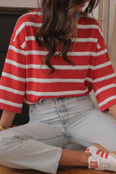 Striped Bow Tie Cutout Back Seven Eighth Sleeve Casual Top