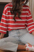 Striped Bow Tie Cutout Back Seven Eighth Sleeve Casual Top