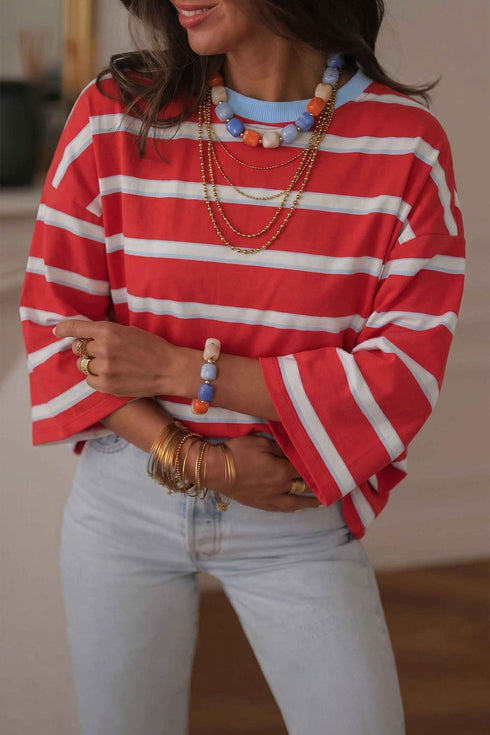 Striped Bow Tie Cutout Back Seven Eighth Sleeve Casual Top