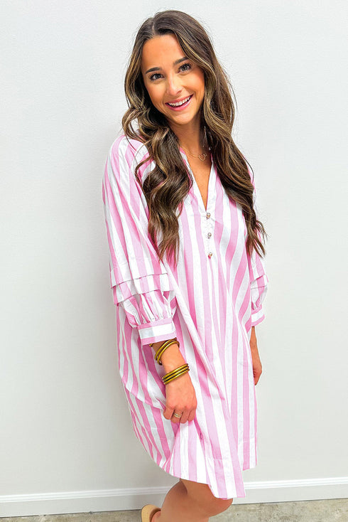 Striped Bracelet Sleeve Button Detail H-Line Mini Dress