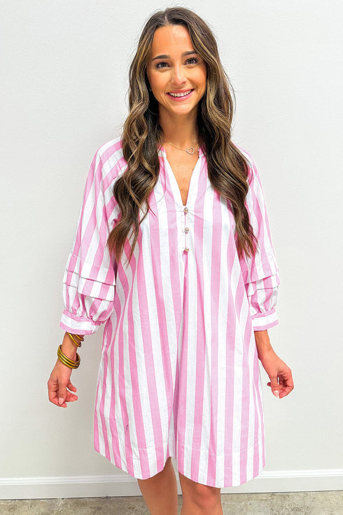 Striped Bracelet Sleeve Button Detail H-Line Mini Dress