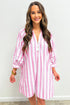 Striped Bracelet Sleeve Button Detail H-Line Mini Dress