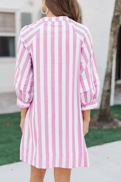Striped Bracelet Sleeve Button Detail H-Line Mini Dress