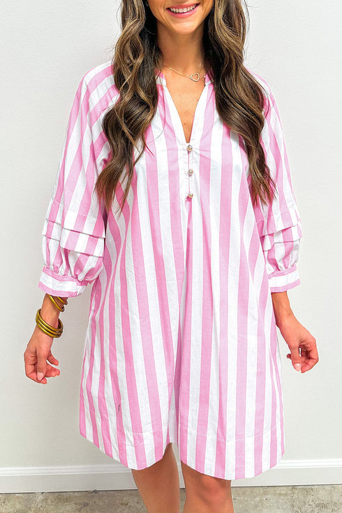 Striped Bracelet Sleeve Button Detail H-Line Mini Dress