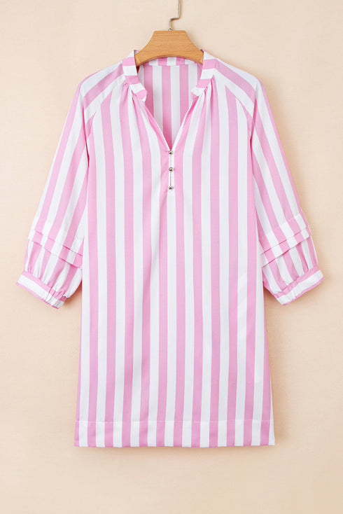 Striped Bracelet Sleeve Button Detail H-Line Mini Dress