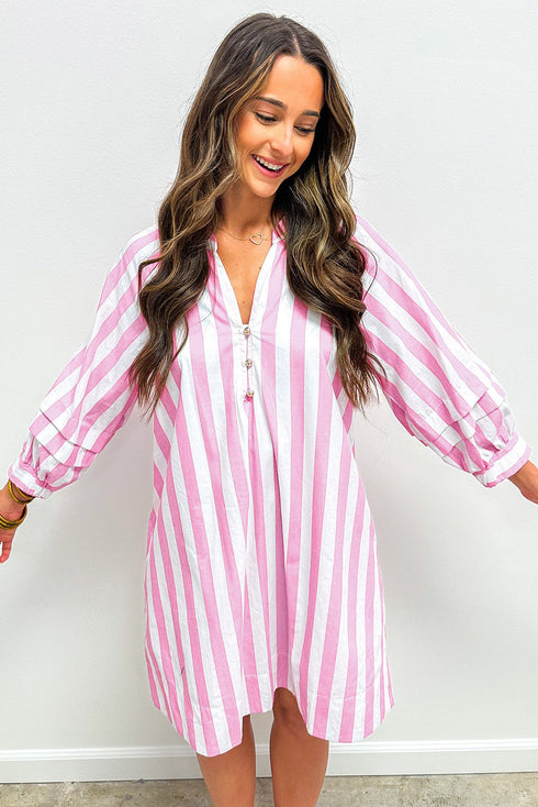 Striped Bracelet Sleeve Button Detail H-Line Mini Dress