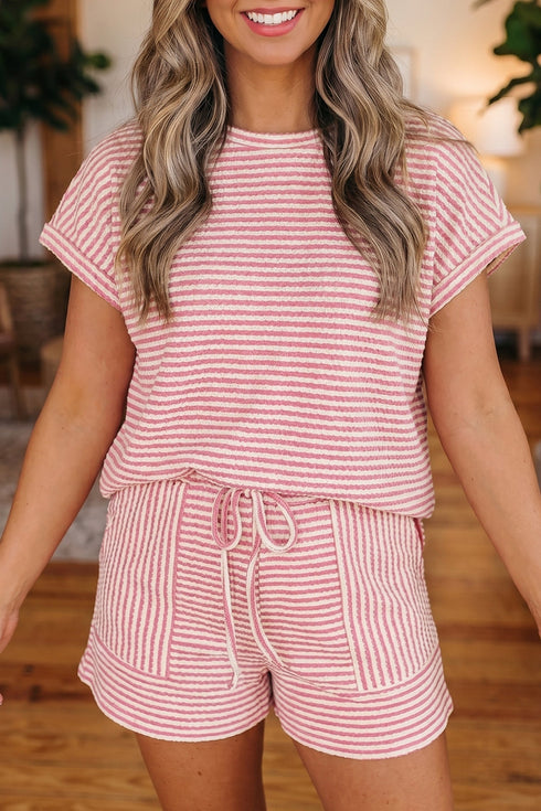 Striped Breathable Textured Knit Matching Short Set