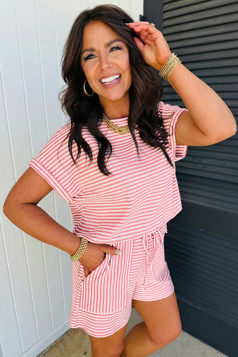 Striped Breathable Textured Knit Matching Short Set