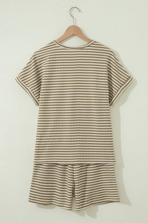 Striped Breathable Textured Knit Matching Short Set