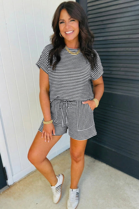Striped Breathable Textured Knit Matching Short Set