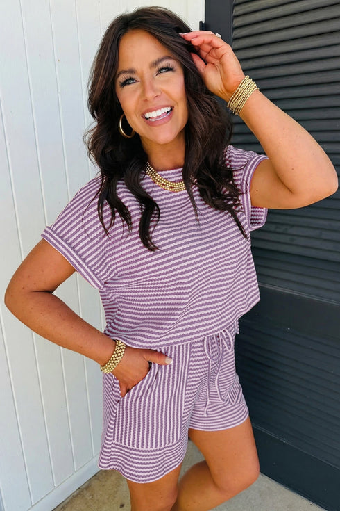 Striped Breathable Textured Knit Matching Short Set