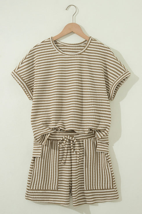 Striped Breathable Textured Knit Matching Short Set