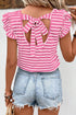 Striped Butterfly Sleeve V Neck Bow Back Cotton Top