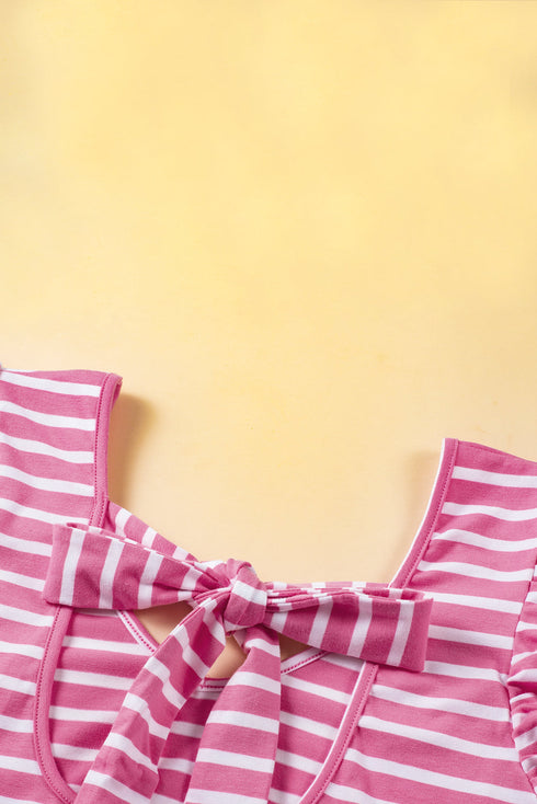 Striped Butterfly Sleeve V Neck Bow Back Cotton Top